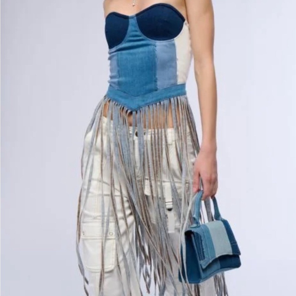 Strapless denim fringe top